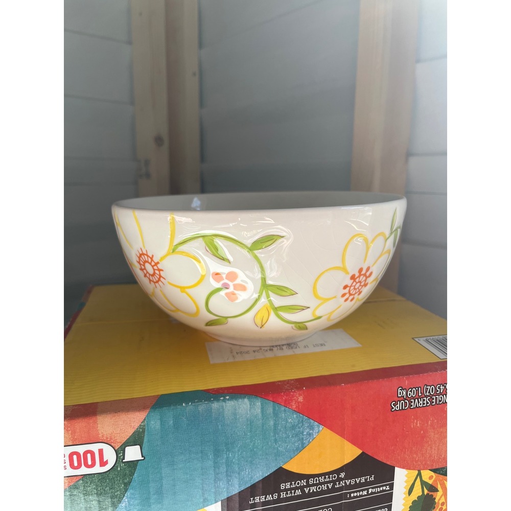 Laurie Gates California‎ Designed Ceramic Bowl Floral Pattern White Orange Green